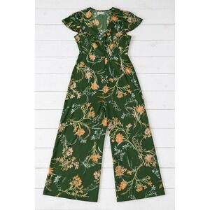 Urban Outfitters Green Floral Wide Leg Jumpsuit Button Front Flutter Sleeve S-P